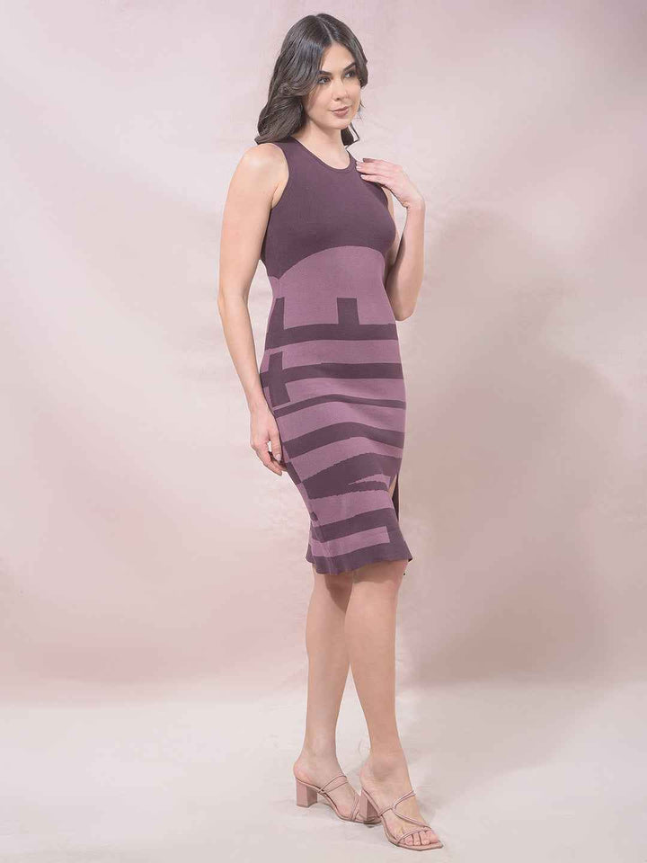Mauve Printed Sleeveless 100% Cotton Bodycon Dress