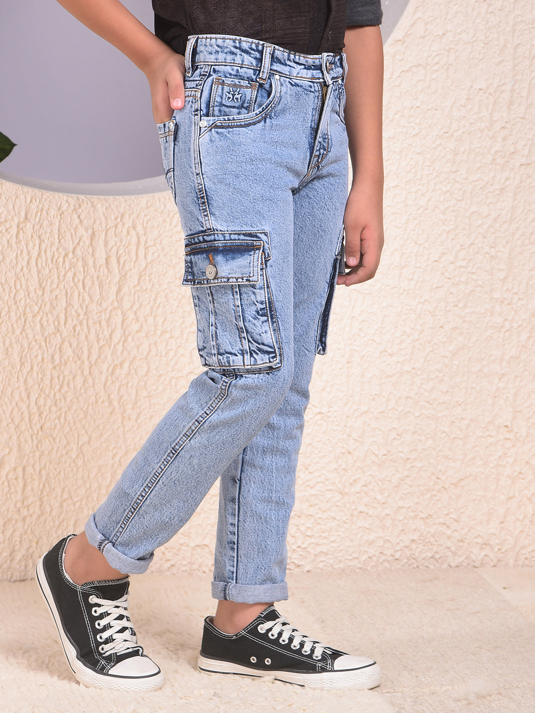 Blue 100% Cotton Straight Cargo Jeans