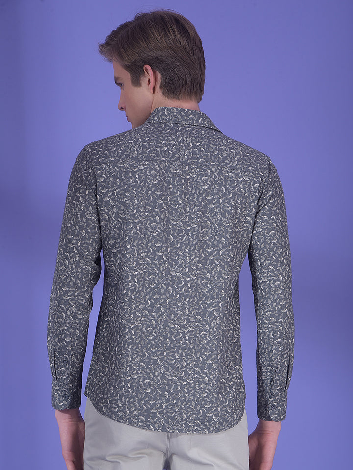 Grey Floral Printed 100% Cotton Shirt