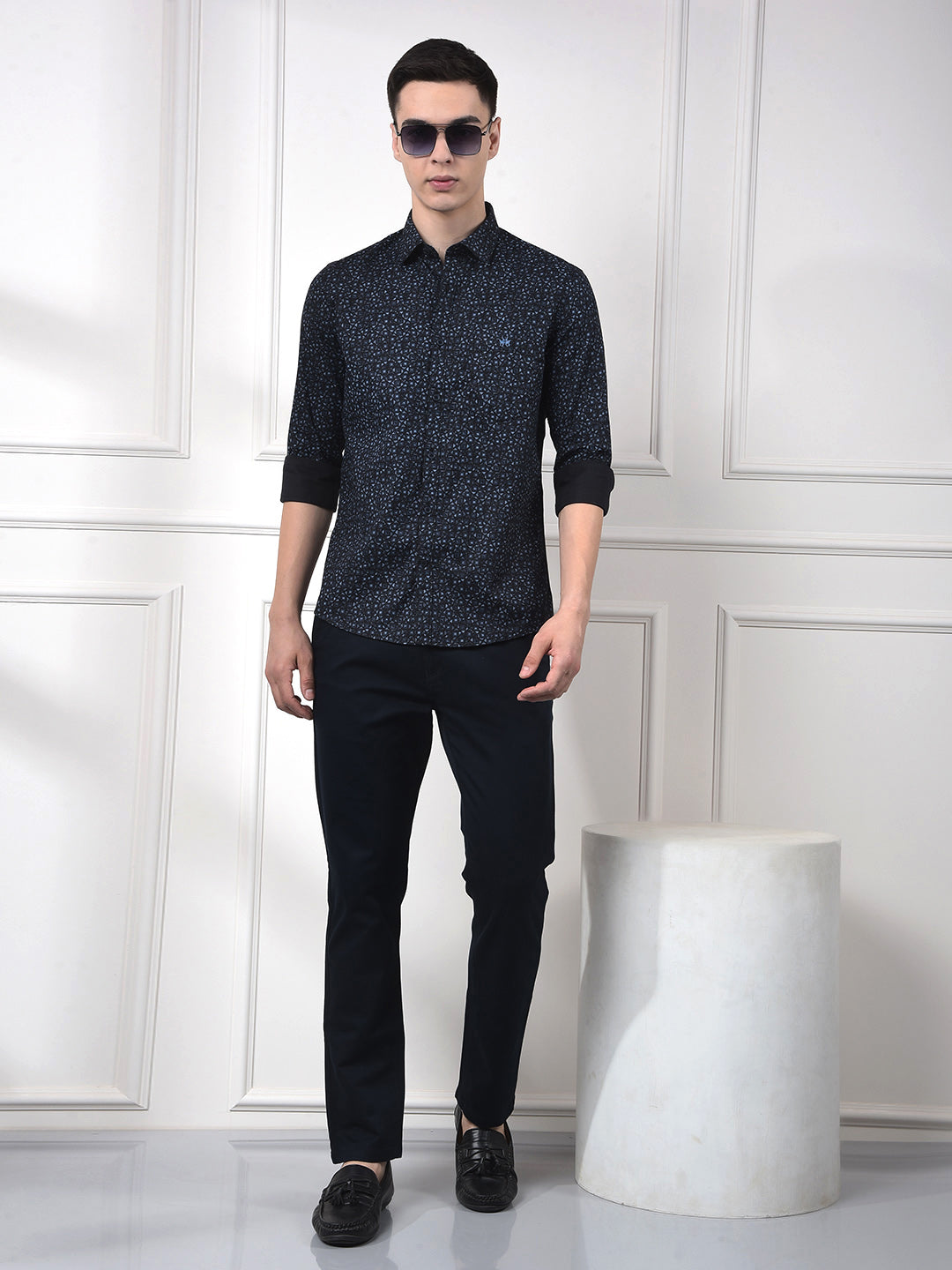 Navy Blue Polka Print 100% Cotton Shirt