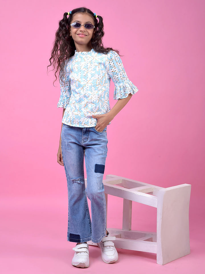 Blue Floral Print 100% Cotton Semi-Sheer Top