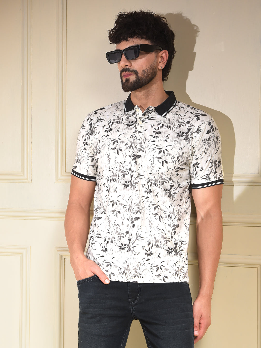 Black Floral Print Polo-Neck T-Shirt