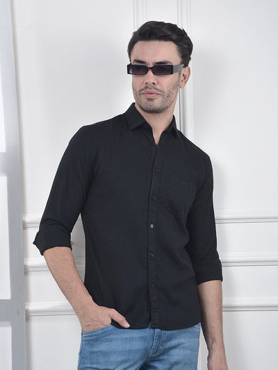 Black Linen Blend Casual Shirt