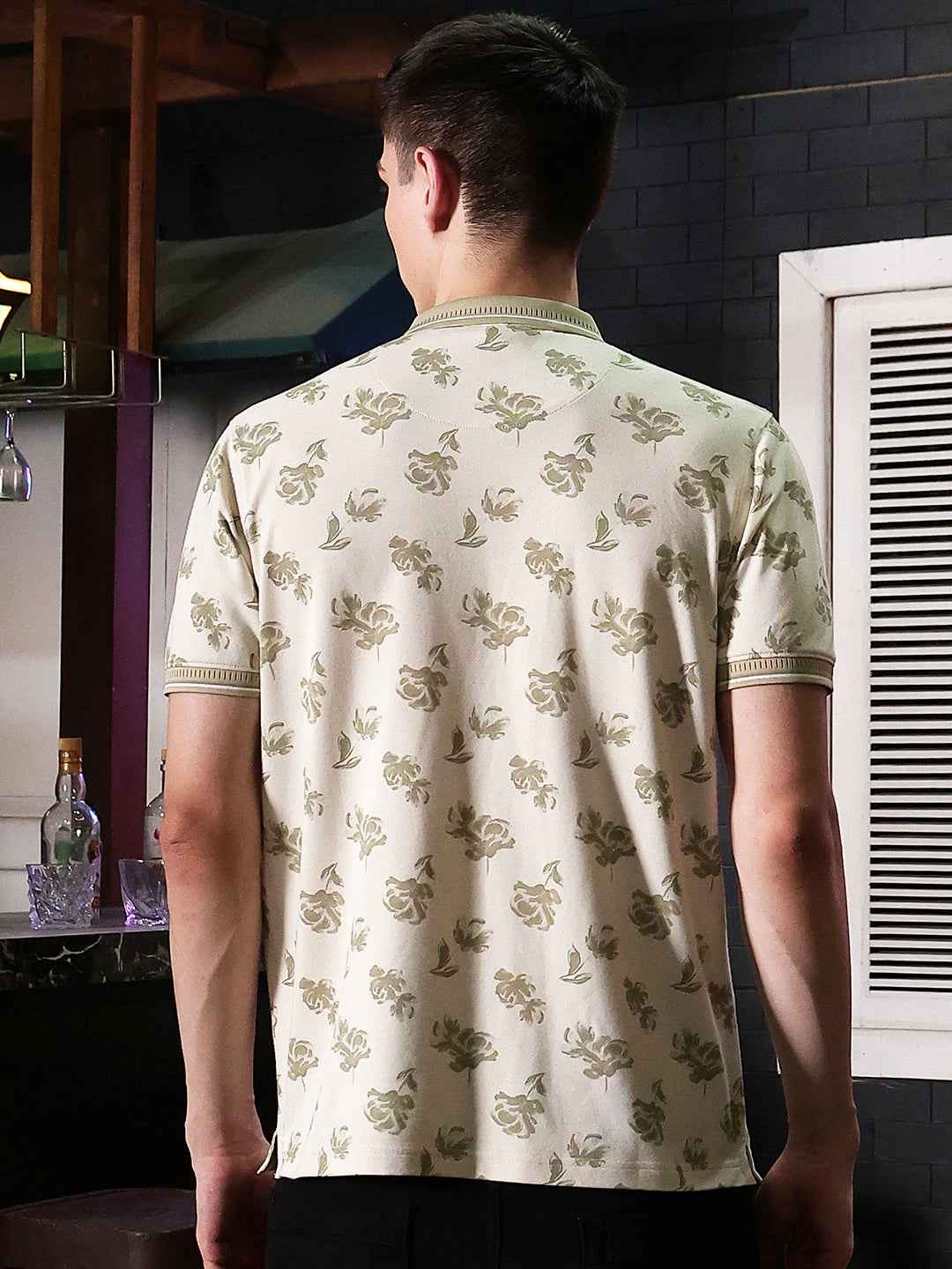 Beige Floral Print Polo Neck T-Shirt