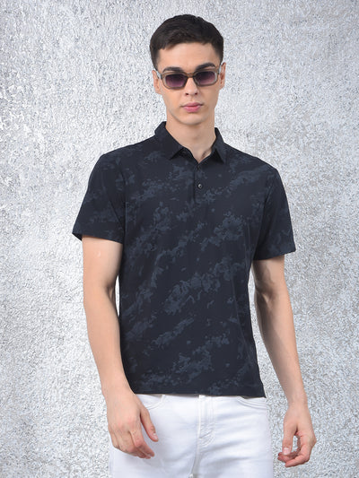 Black Printed Polo Neck T-Shirt-Men T-Shirts-Crimsoune Club