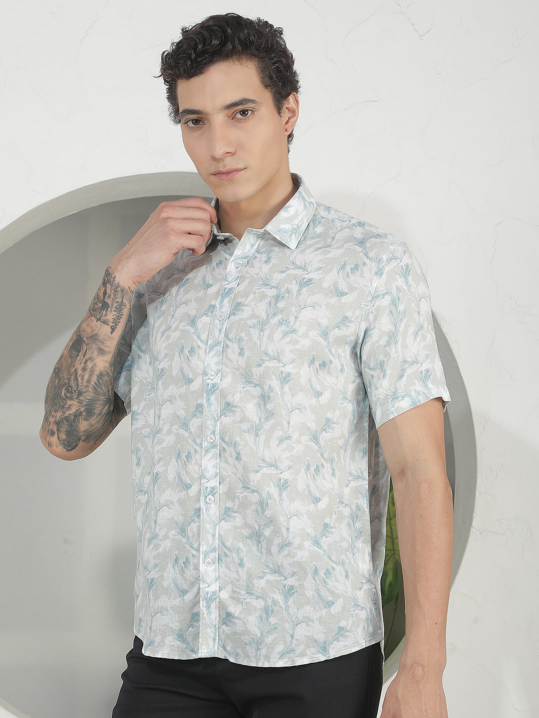 Blue Floral Print Linen Shirt