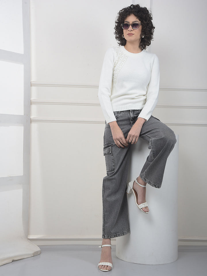 Ash Grey 100% Cotton Wide-Leg Cargo Jeans