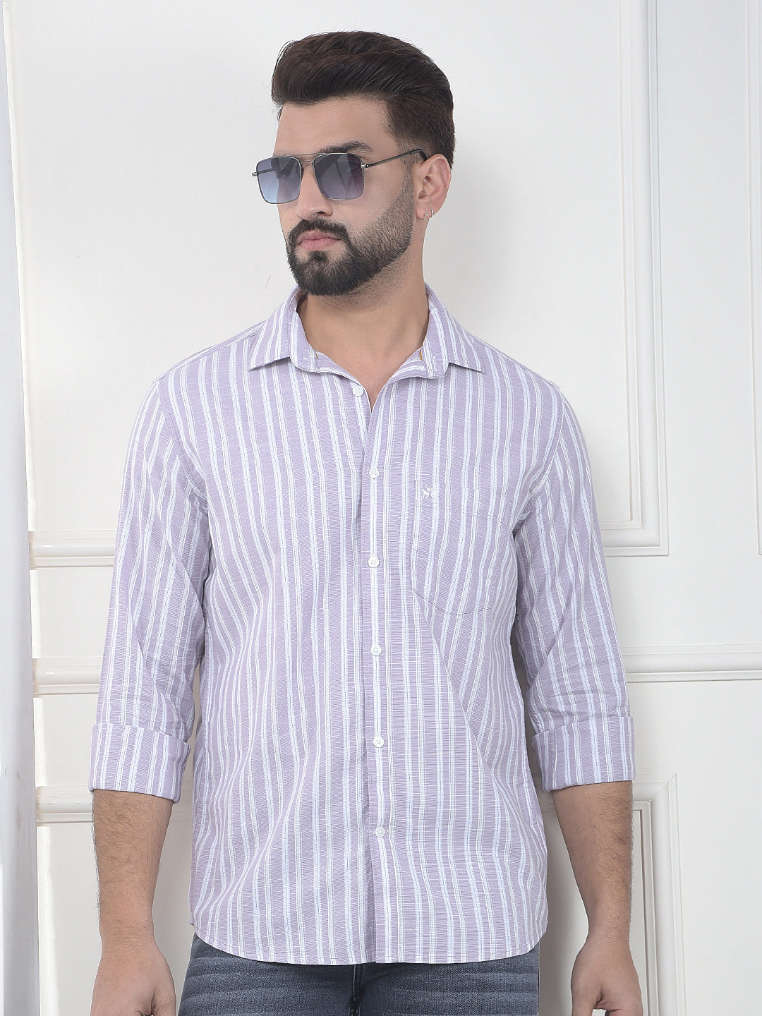 Purple Vertical Striped 100% Cotton Shirt