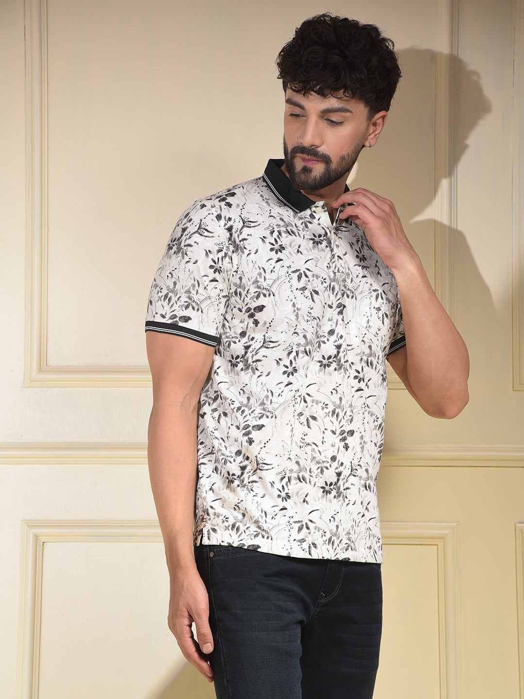 Black Floral Print Polo-Neck T-Shirt