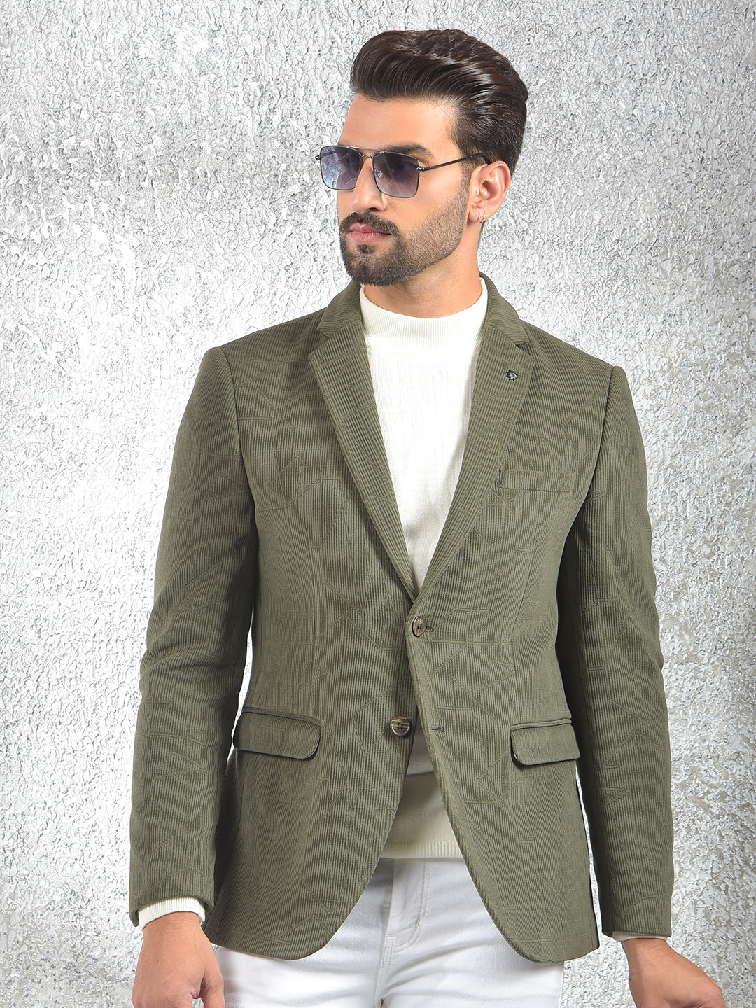 Olive Jacquard Notched Lapel Single-Breasted Blazer