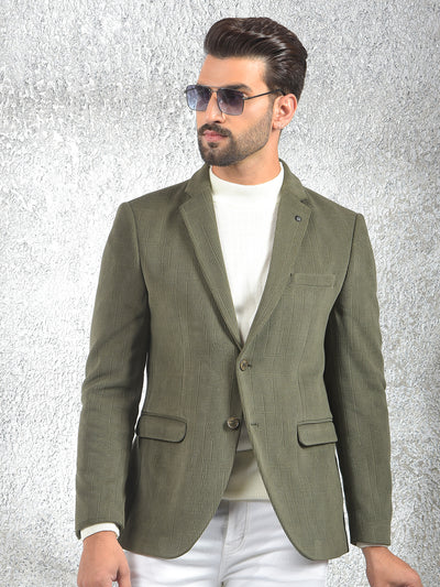 Olive Jacquard Notched Lapel Single-Breasted Blazer