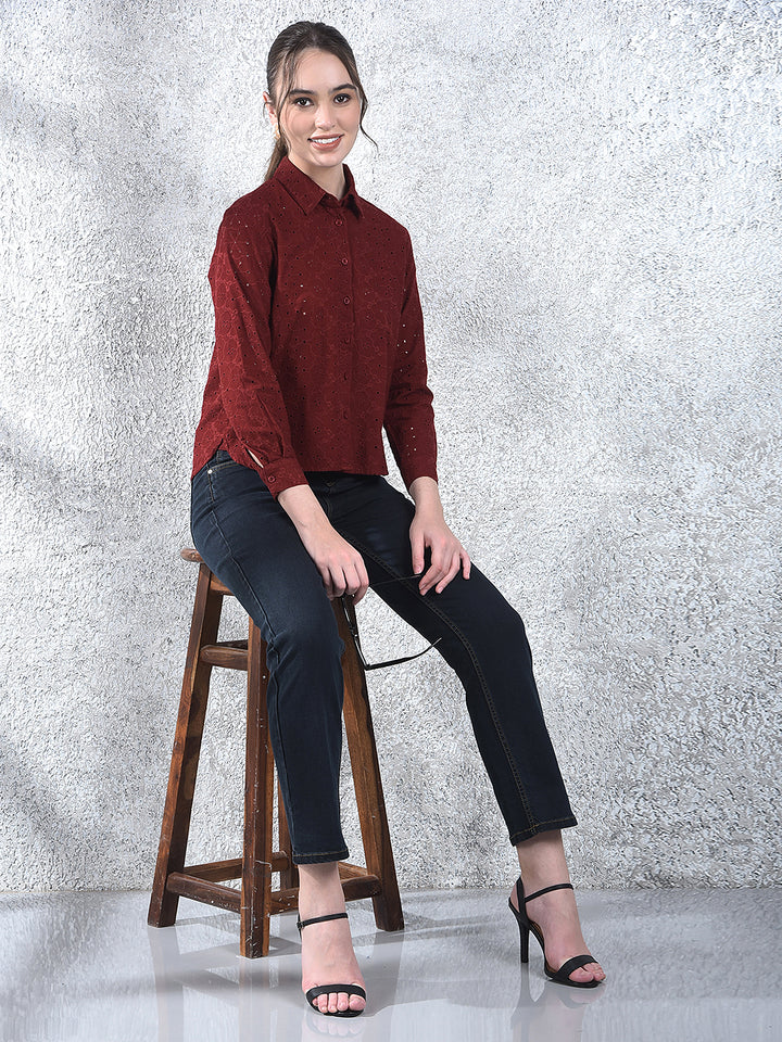 Maroon Embroidered 100% Cotton Shirt