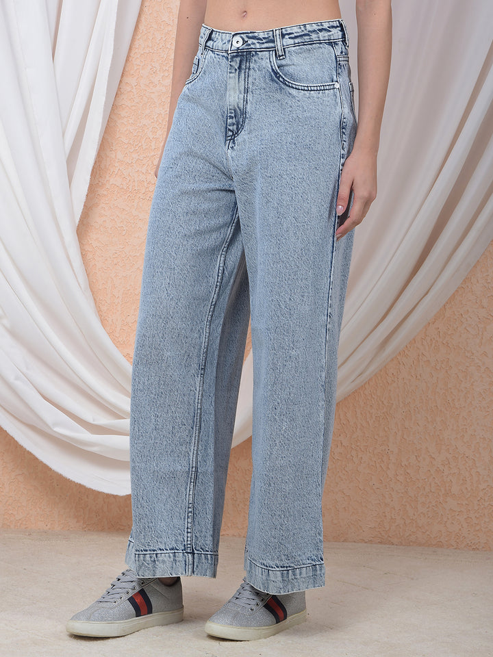 Textured 100% Cotton Wide Leg Blue Baggy Jeans