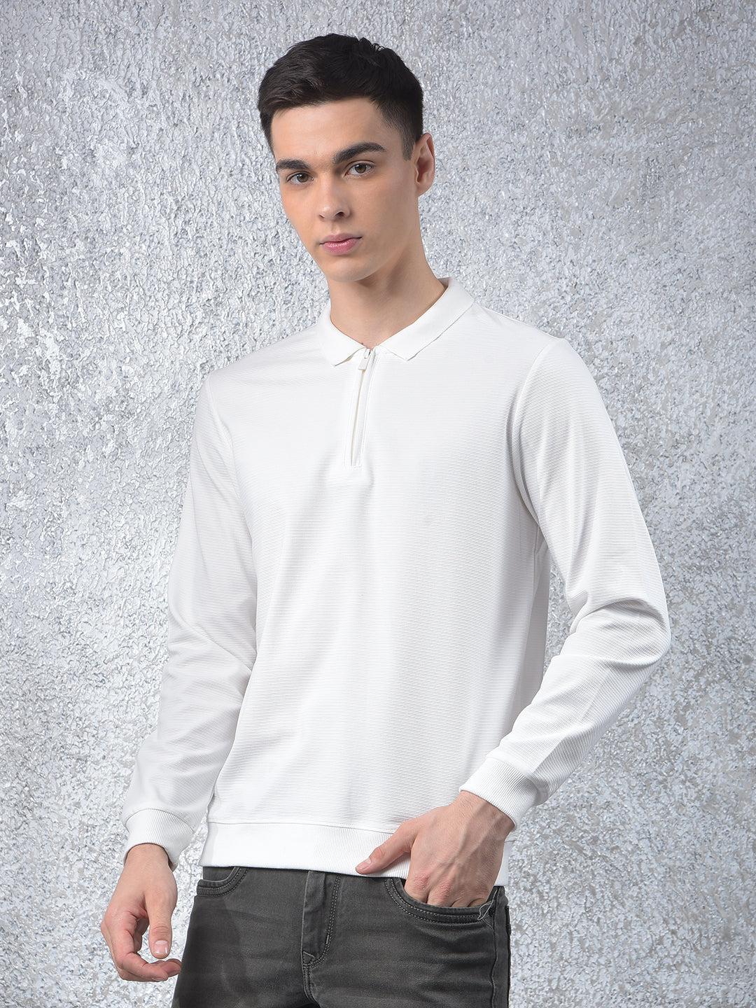 White Jacquard Polo Neck Knitted Sweatshirt