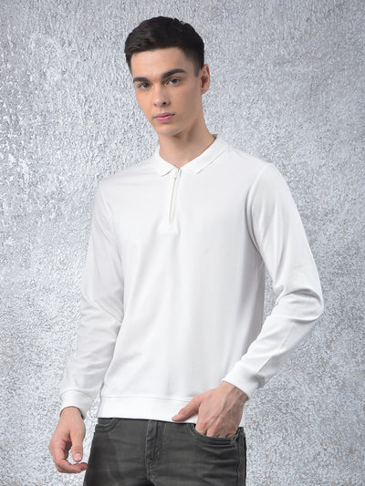 White Jacquard Polo Neck Knitted Sweatshirt