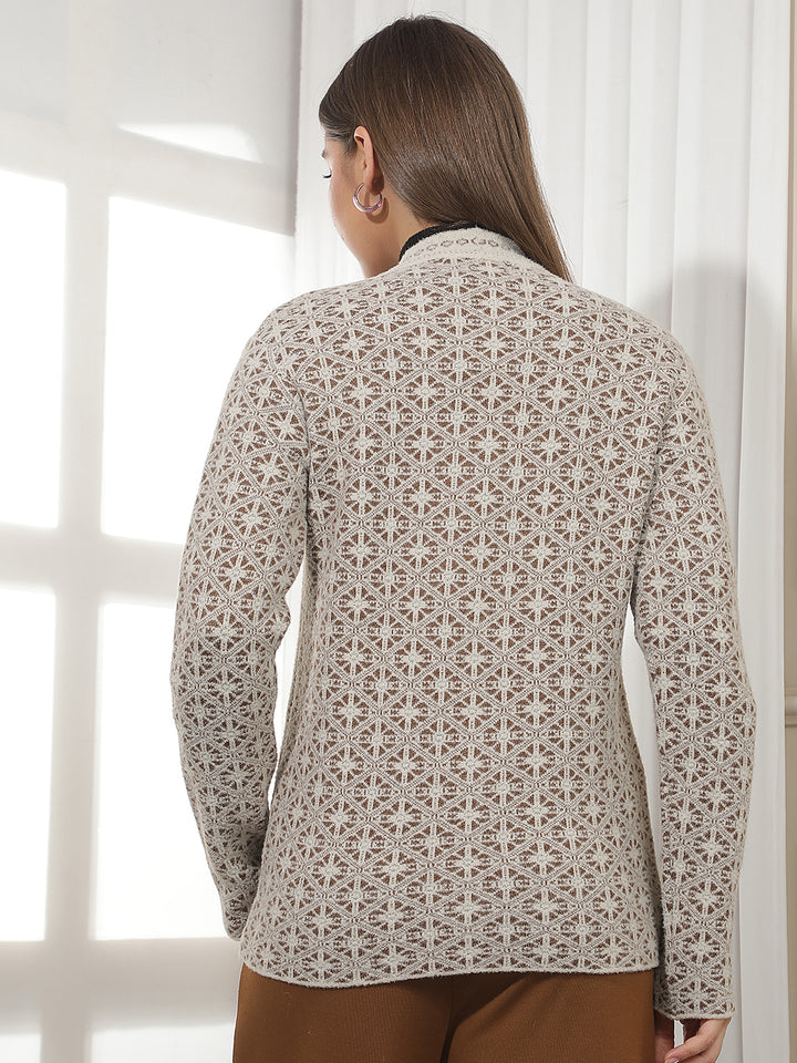 Beige Geomatric Print V-Neck Cardigan