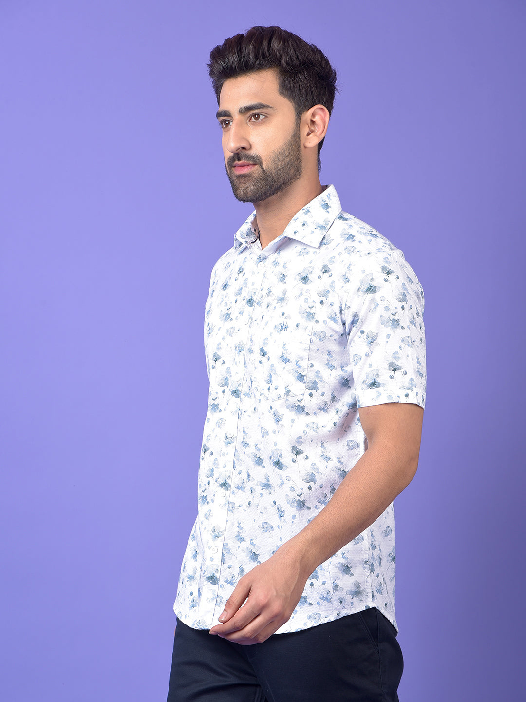 Blue Floral Print 100% Cotton Shirt