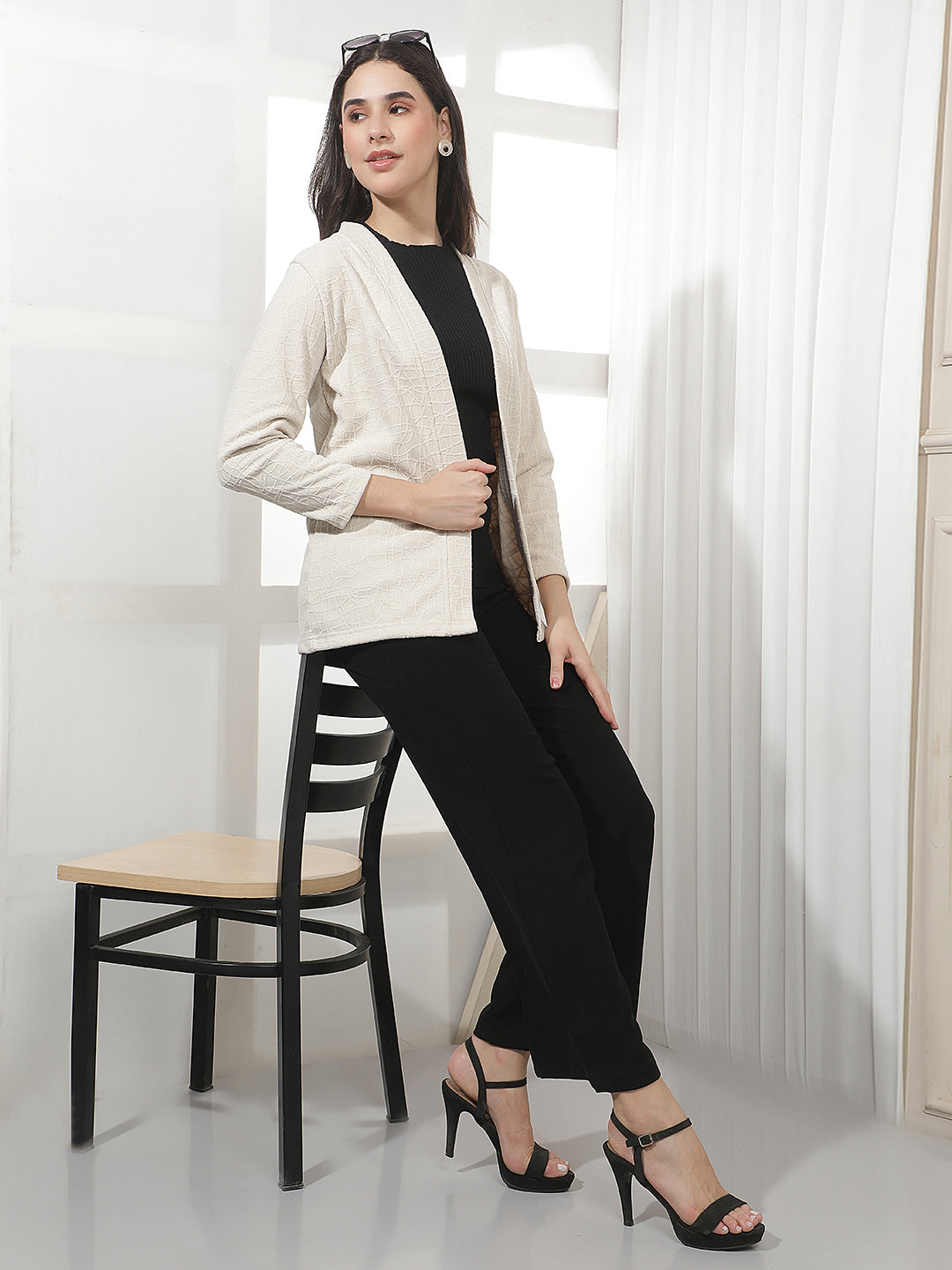 Minimalist Warm Sand Beige Jacquard Shrug