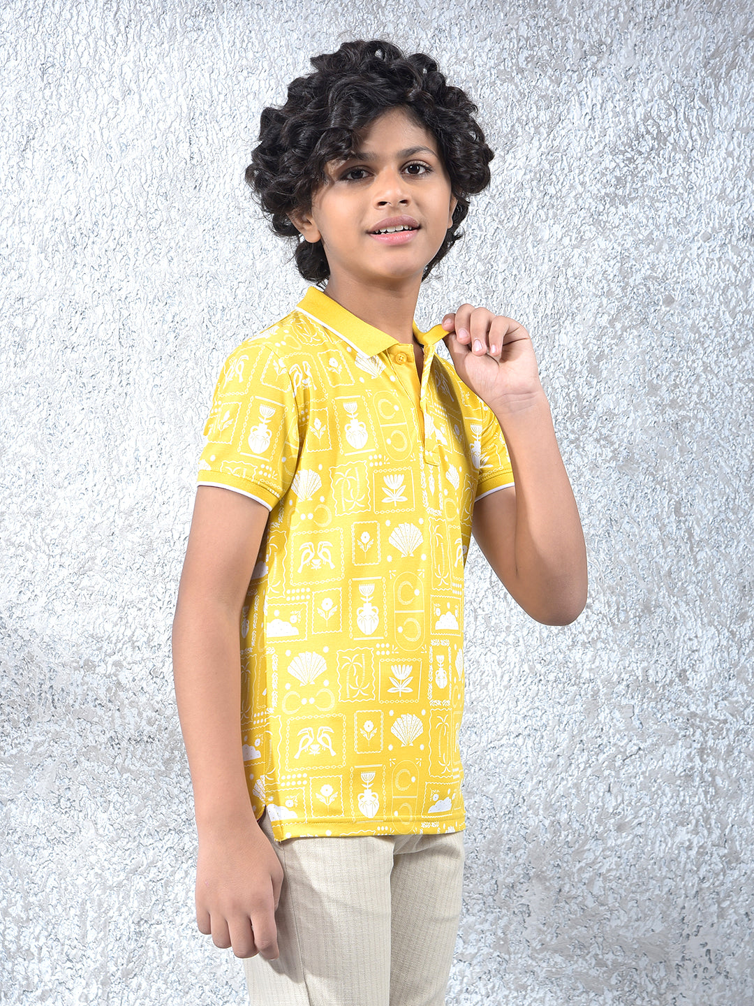 Yellow Printed Polo Neck T-Shirt
