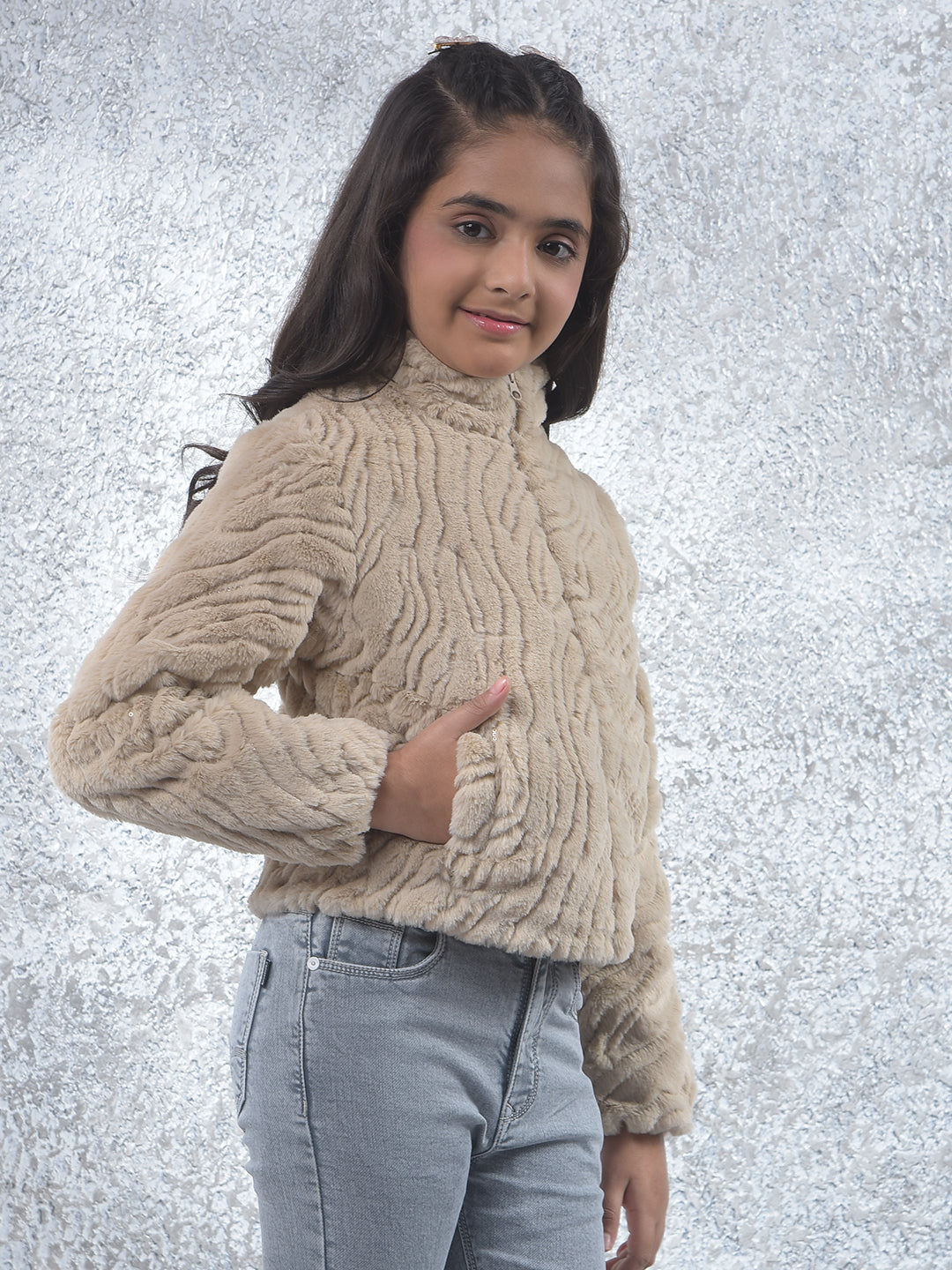 Beige High Neck Sherpa Jacket