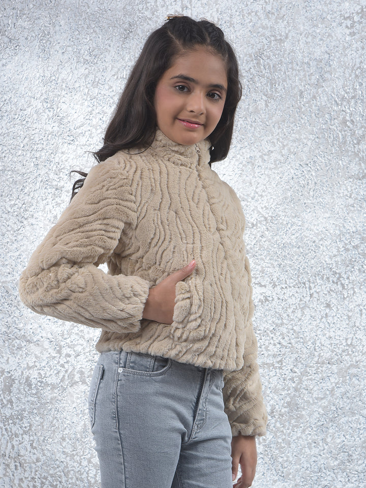 Beige High Neck Sherpa Jacket