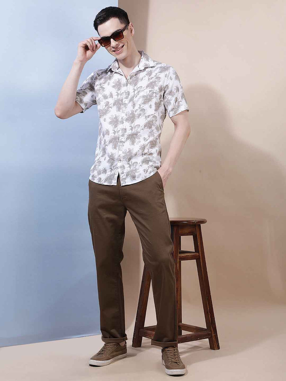 Brown Printed Straight Trousers
