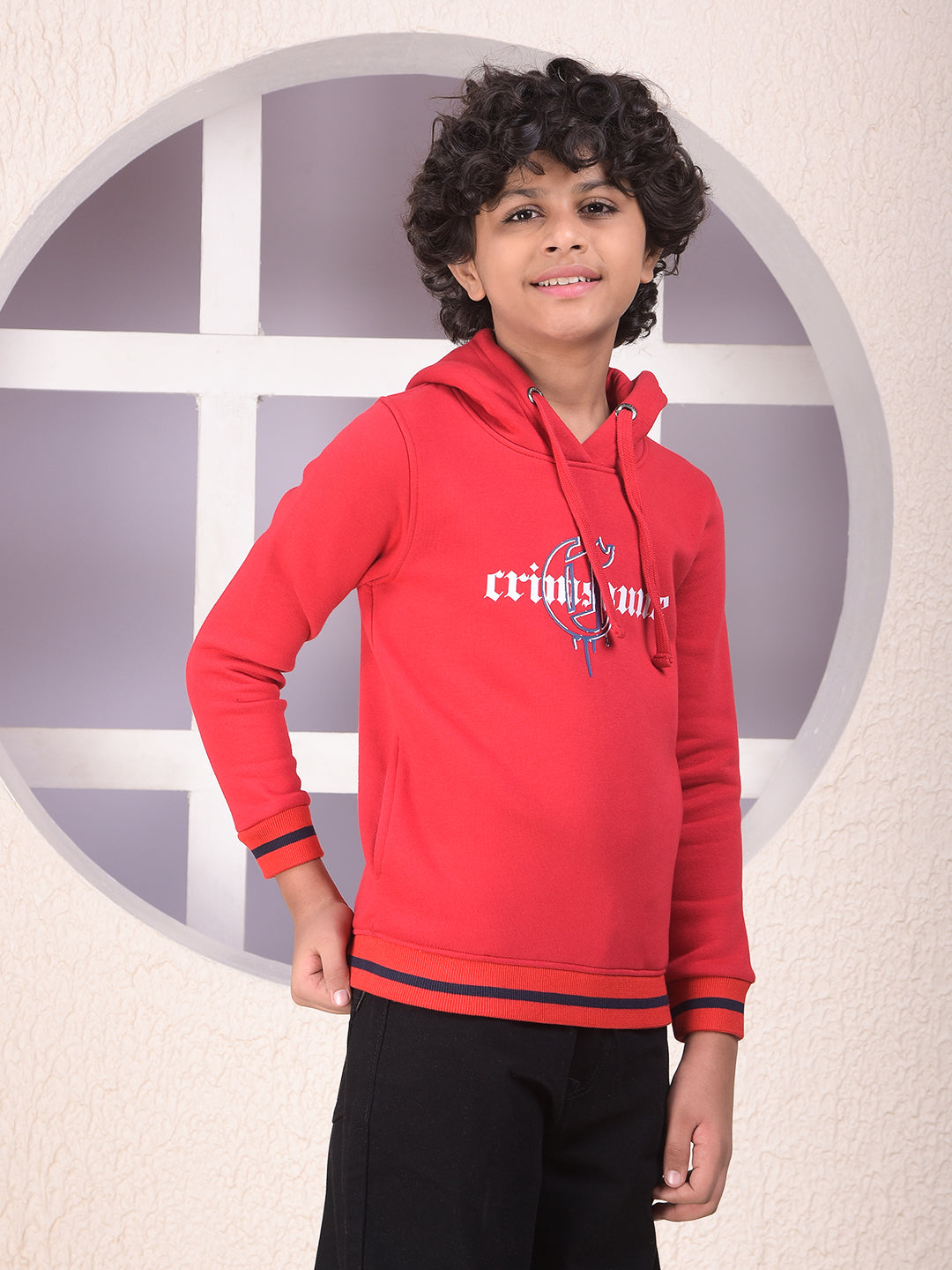 Red Typographic Print Hooded Neck Sweatshirt