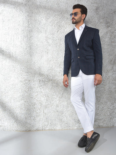 Navy Blue Checked Notched Lapel Single-Breasted Blazer