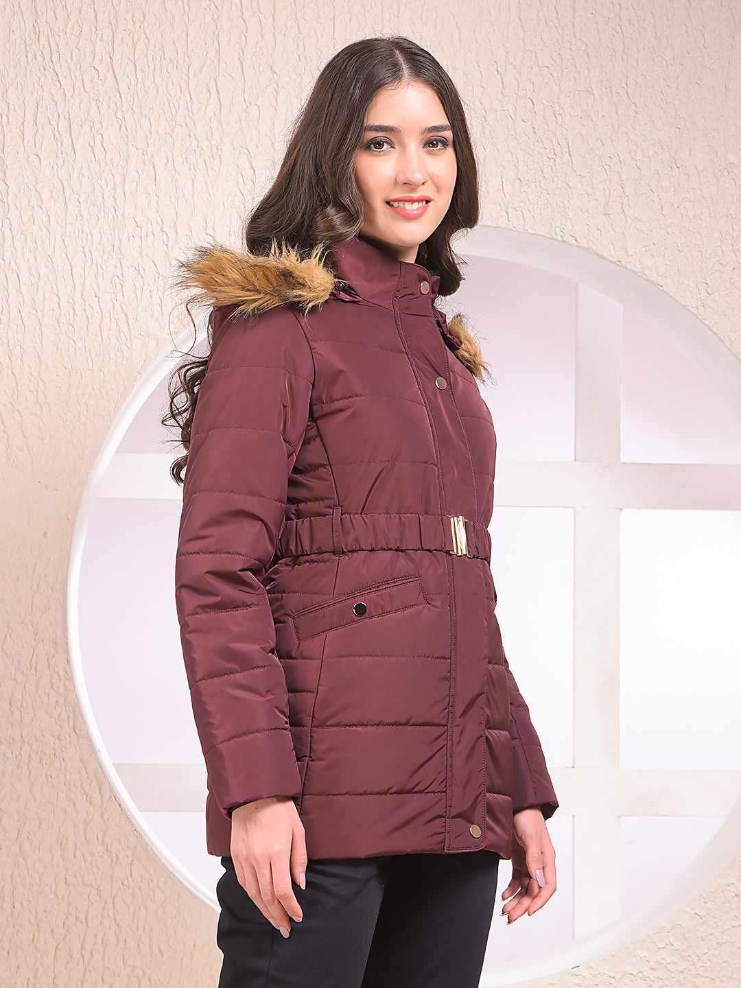 Maroon Hooded Neck Puffer Jacket