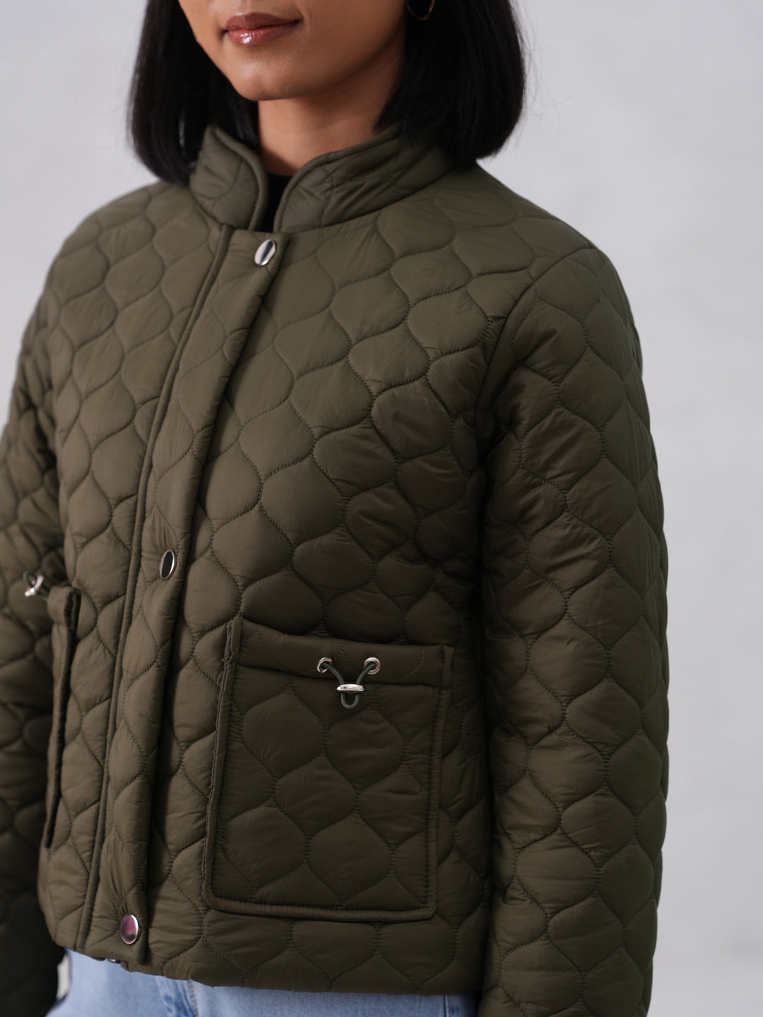 Green Quilted High-Neck Jacket