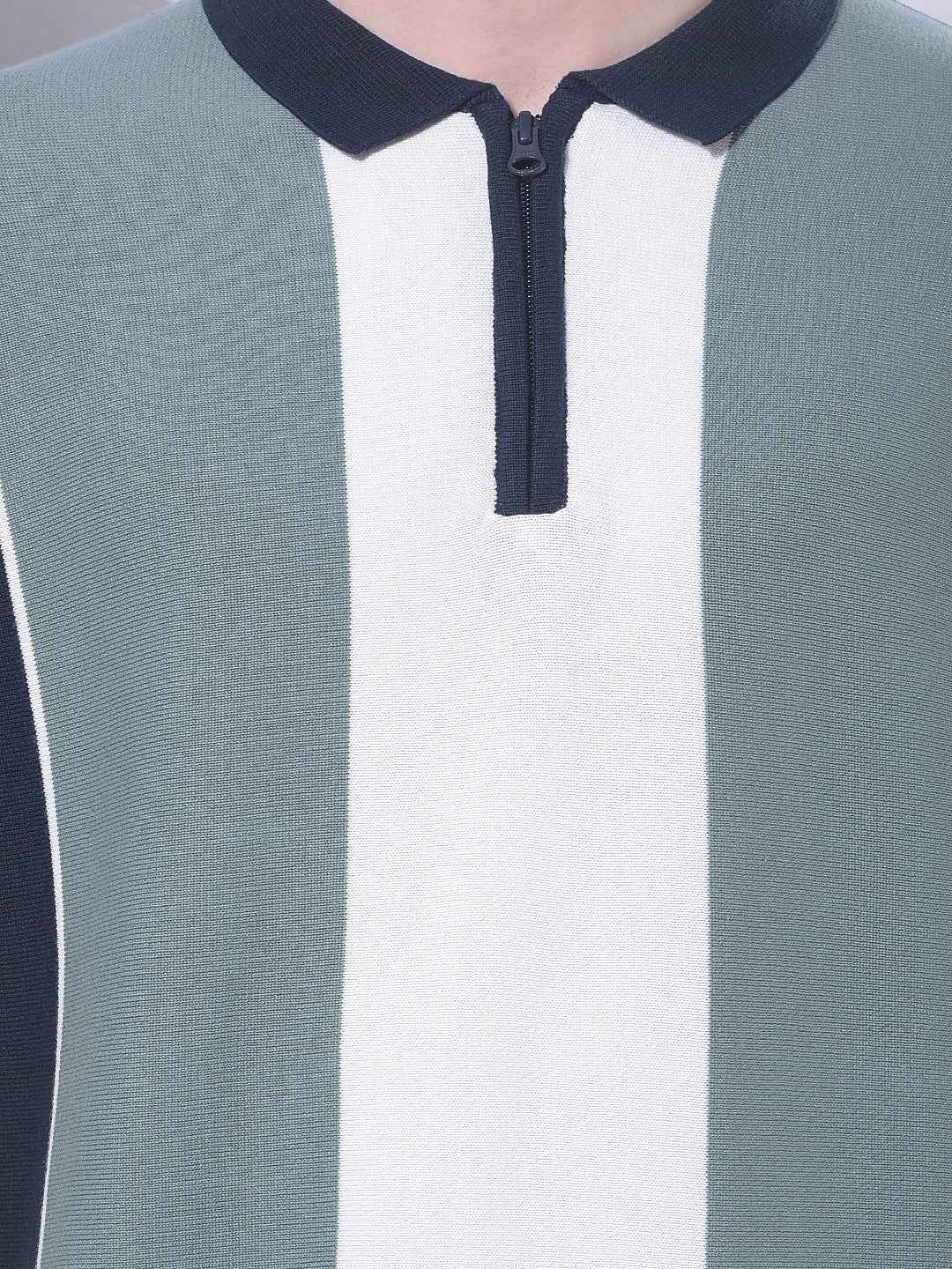Color-Blocked 100% Cotton Polo Neck T-Shirt with Zip Closure