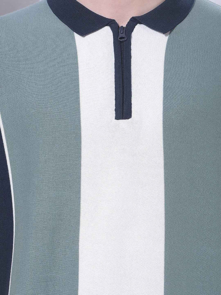 Color-Blocked 100% Cotton Polo Neck T-Shirt with Zip Closure