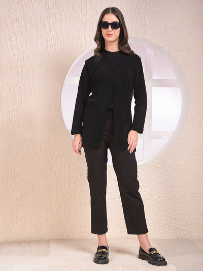 Black Printed V-Neck Open Front Shrug