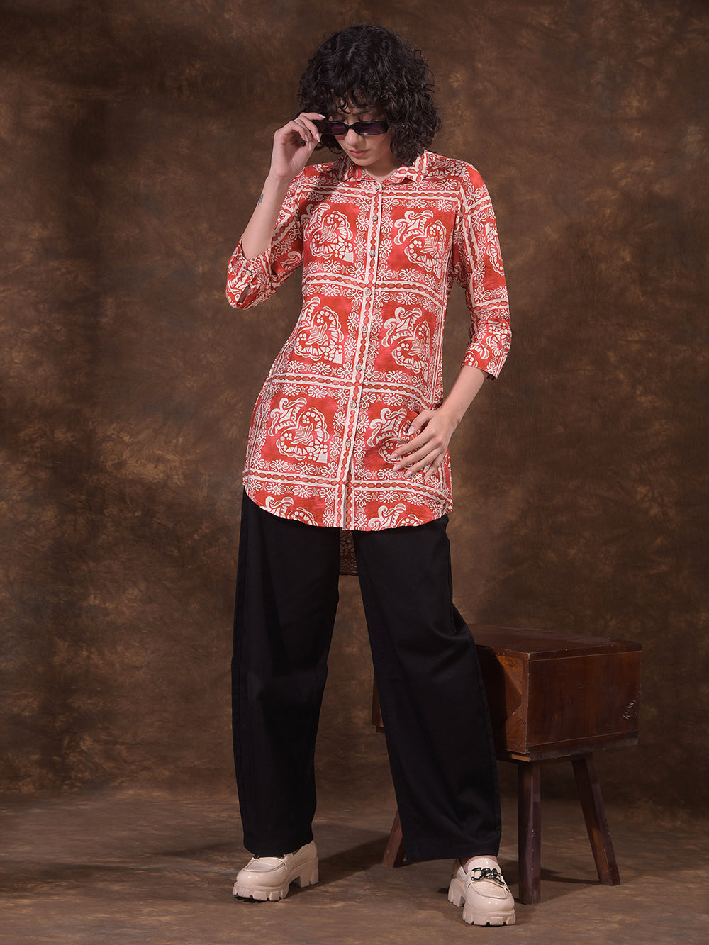 Red Geometric Print Longline Shirt