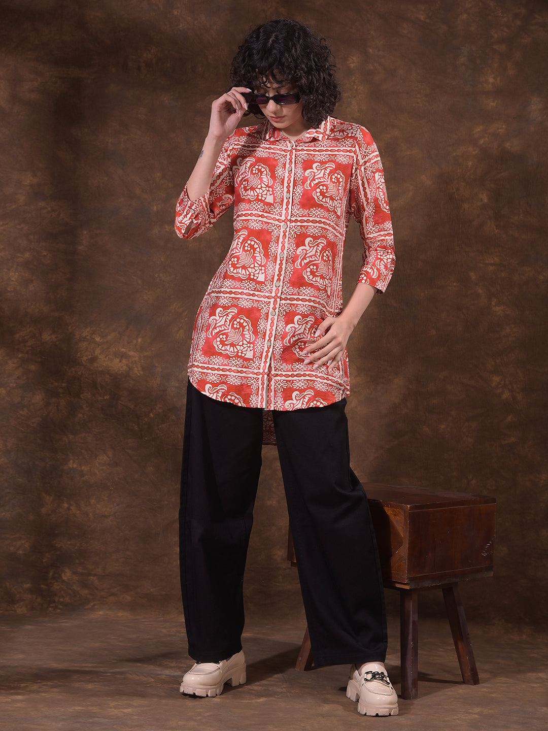 Red Geometric Print Longline Shirt