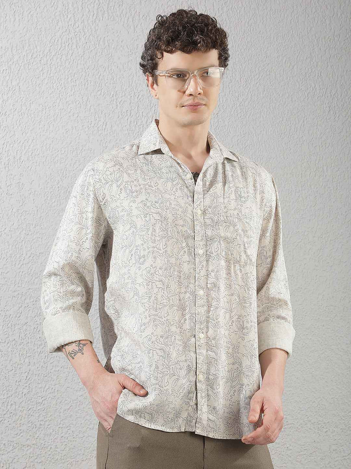 Linen Blue Floral Print Shirt