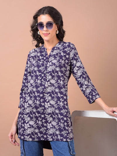 Purple Floral Print V-Neck Top