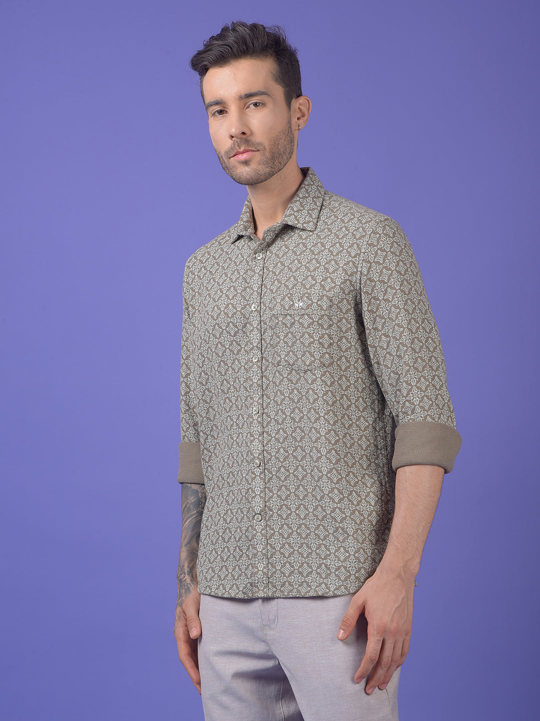 Olive Printed 100% Cotton Shirt