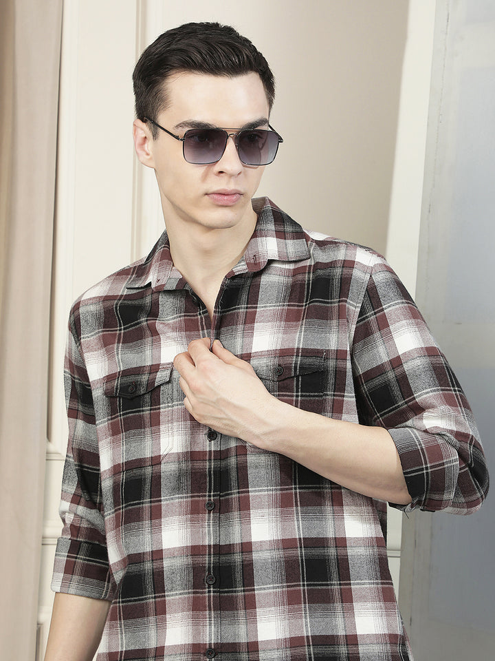 Purple Checked 100% Cotton Double Pocket Shirt