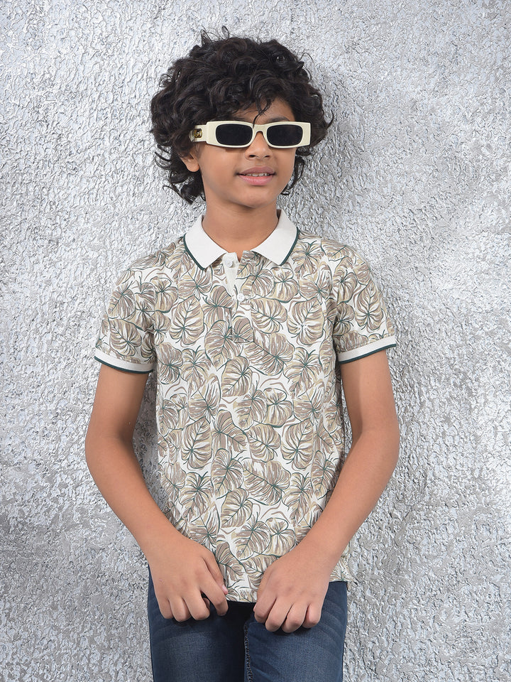 Beige Floral Print Polo Neck T-Shirt