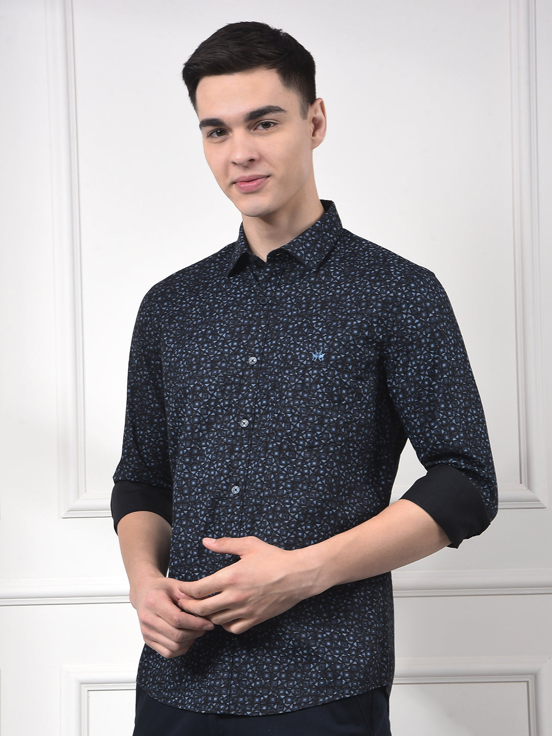Navy Blue Polka Print 100% Cotton Shirt