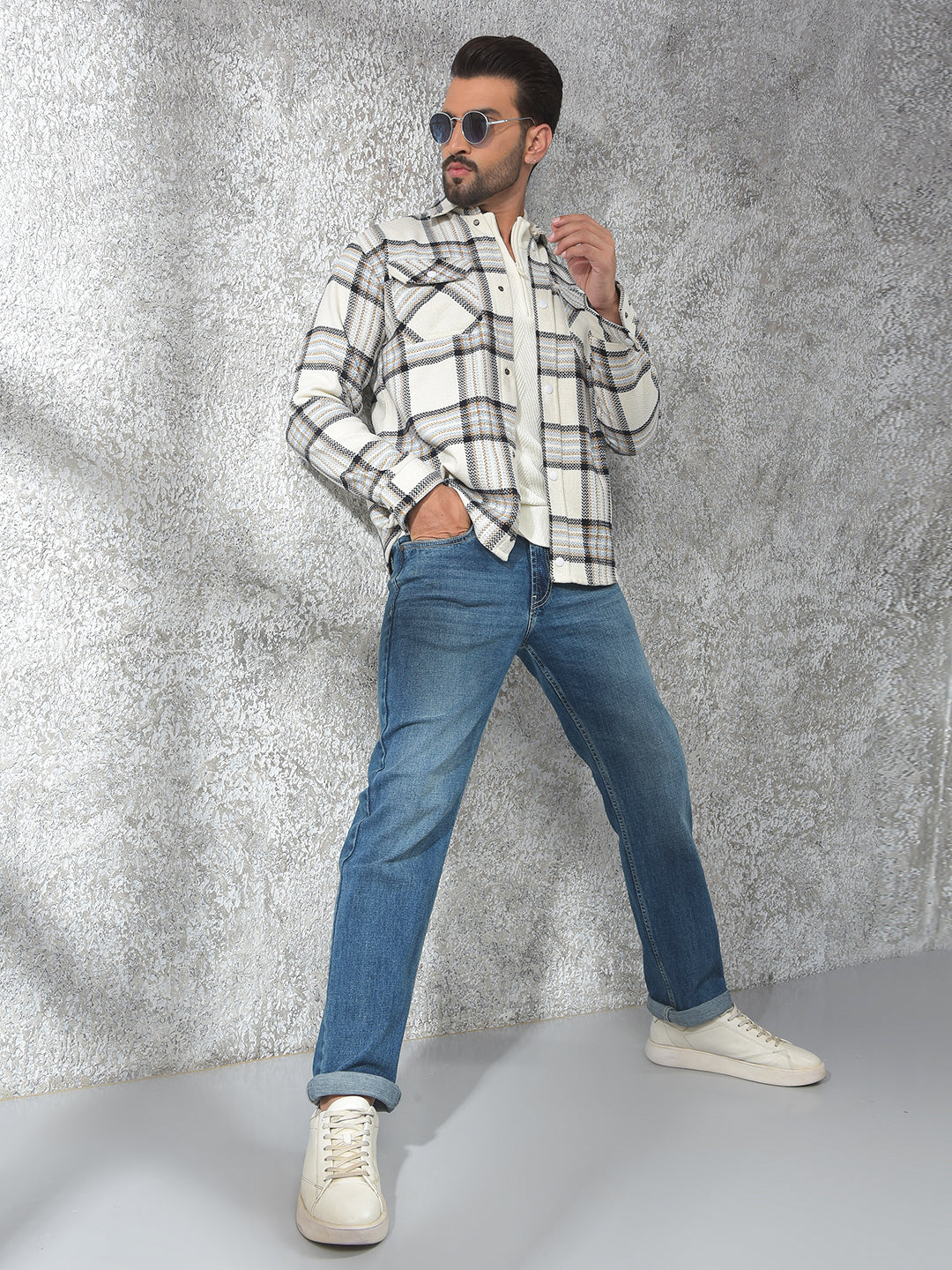 White Checked Knitted Shacket