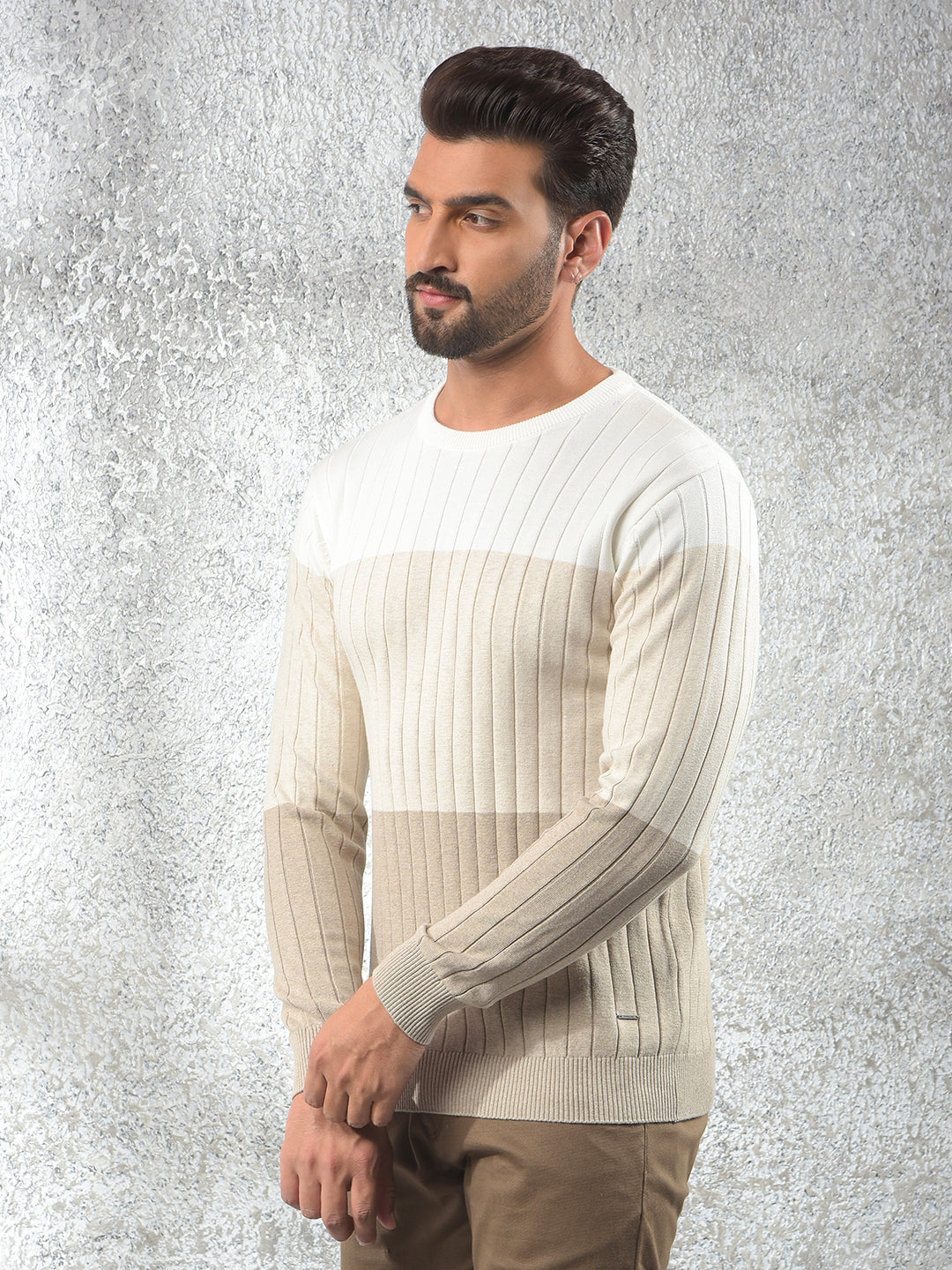 Beige Color-Block 100% Cotton Sweater