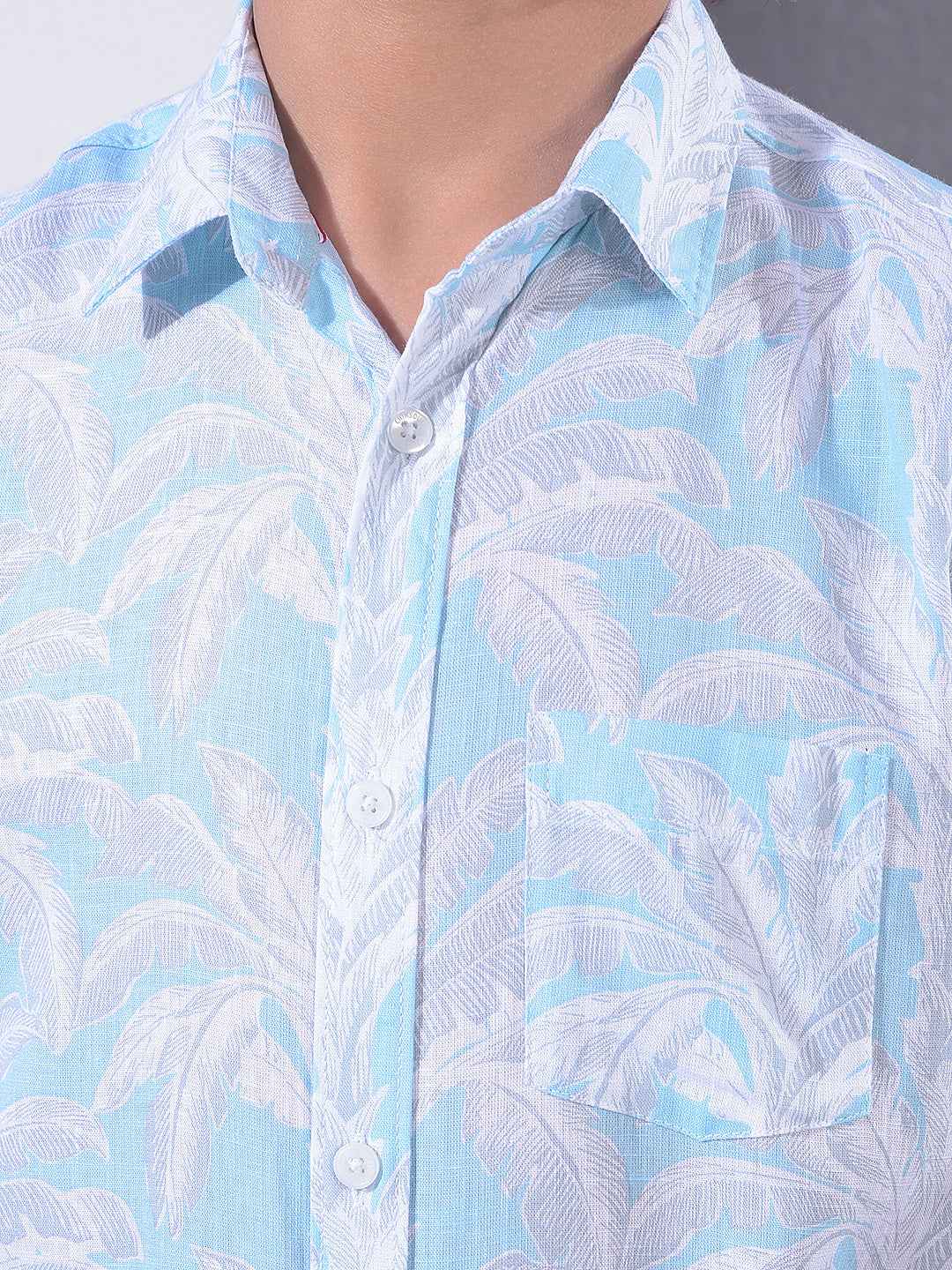 Blue Botanical Print Linen Shirt