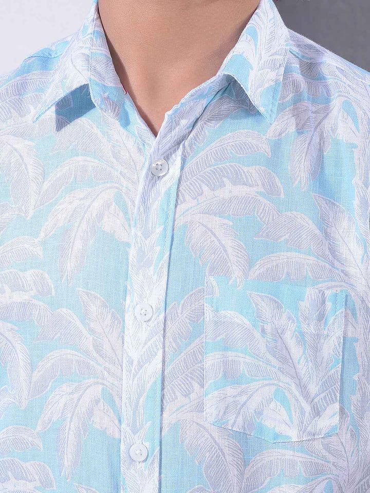 Blue Botanical Print Linen Shirt