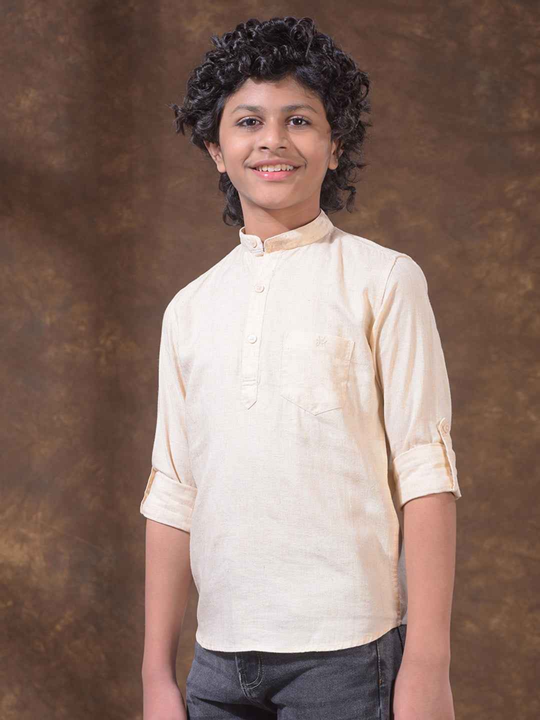 Cream Textured Linen Kurta