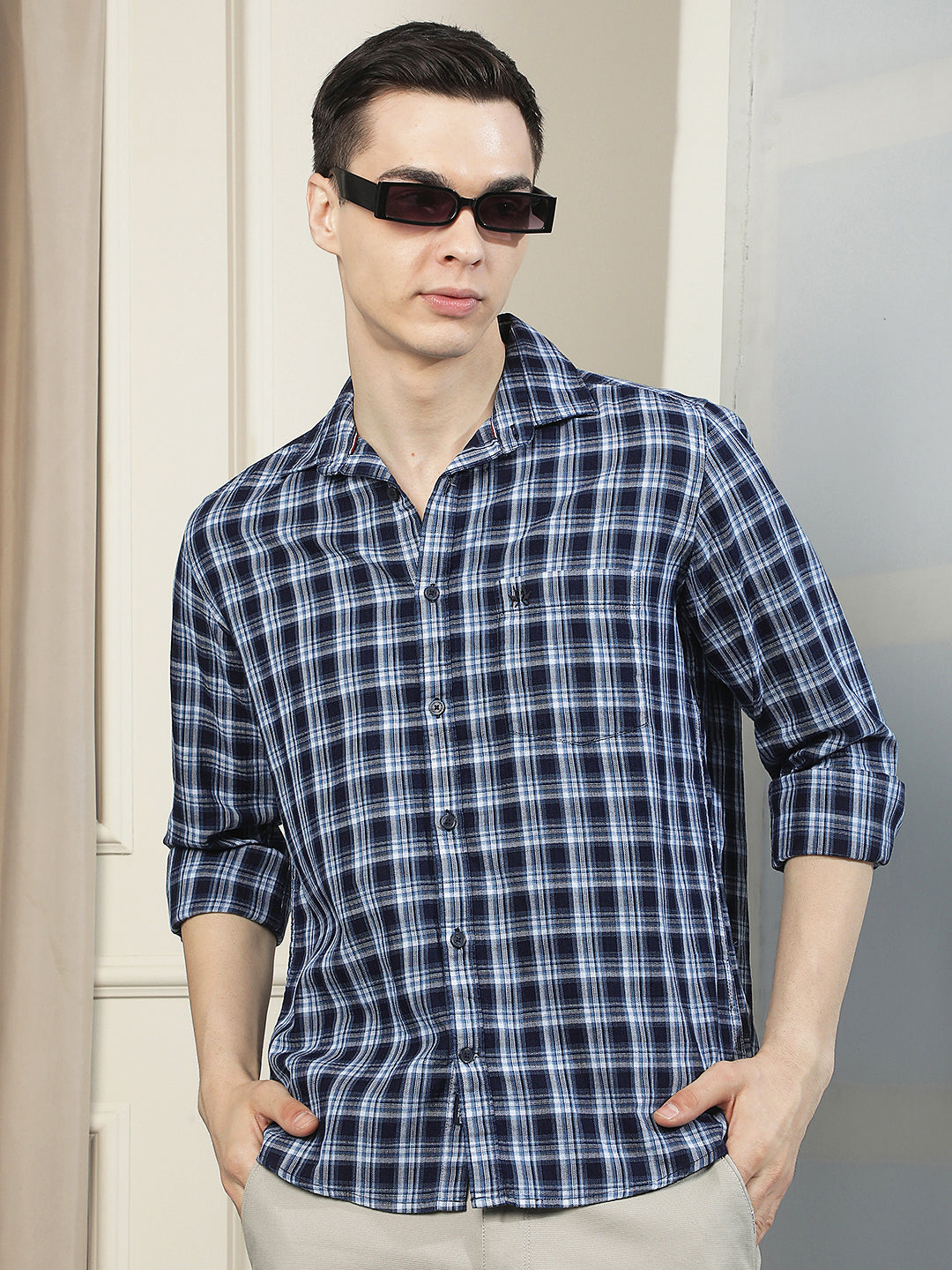Navy Blue 100% Cotton Checked Shirt