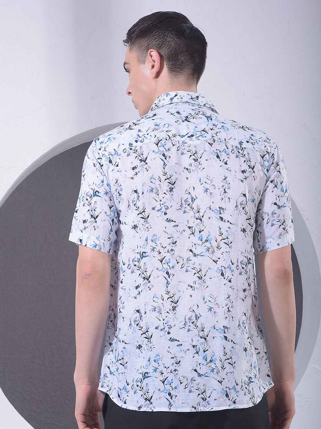 Blue Floral Print Linen Shirt