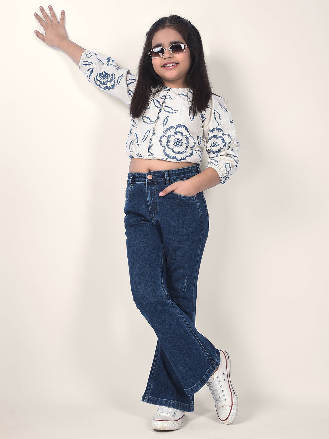 Blue Embroidered Linen Crop-Top