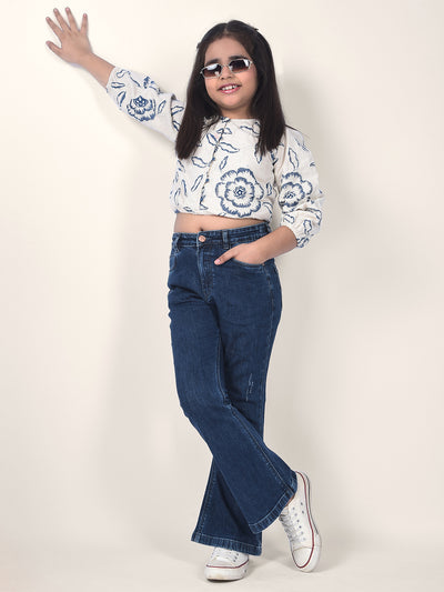 Blue Embroidered Linen Crop-Top